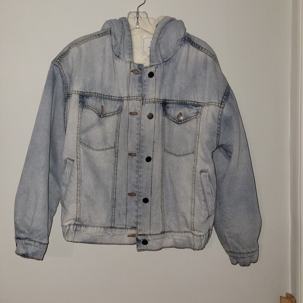 Women's Large Ivy&Main Blue & White Jean Jacket Hooded Distressed Fleece Sherpa